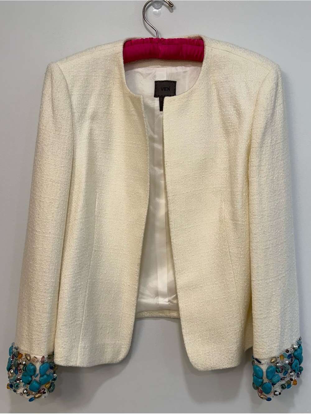 Vintage Vein Ivory Beaded Cuff Tweed Jacket with Turquoise Embellishments Rare